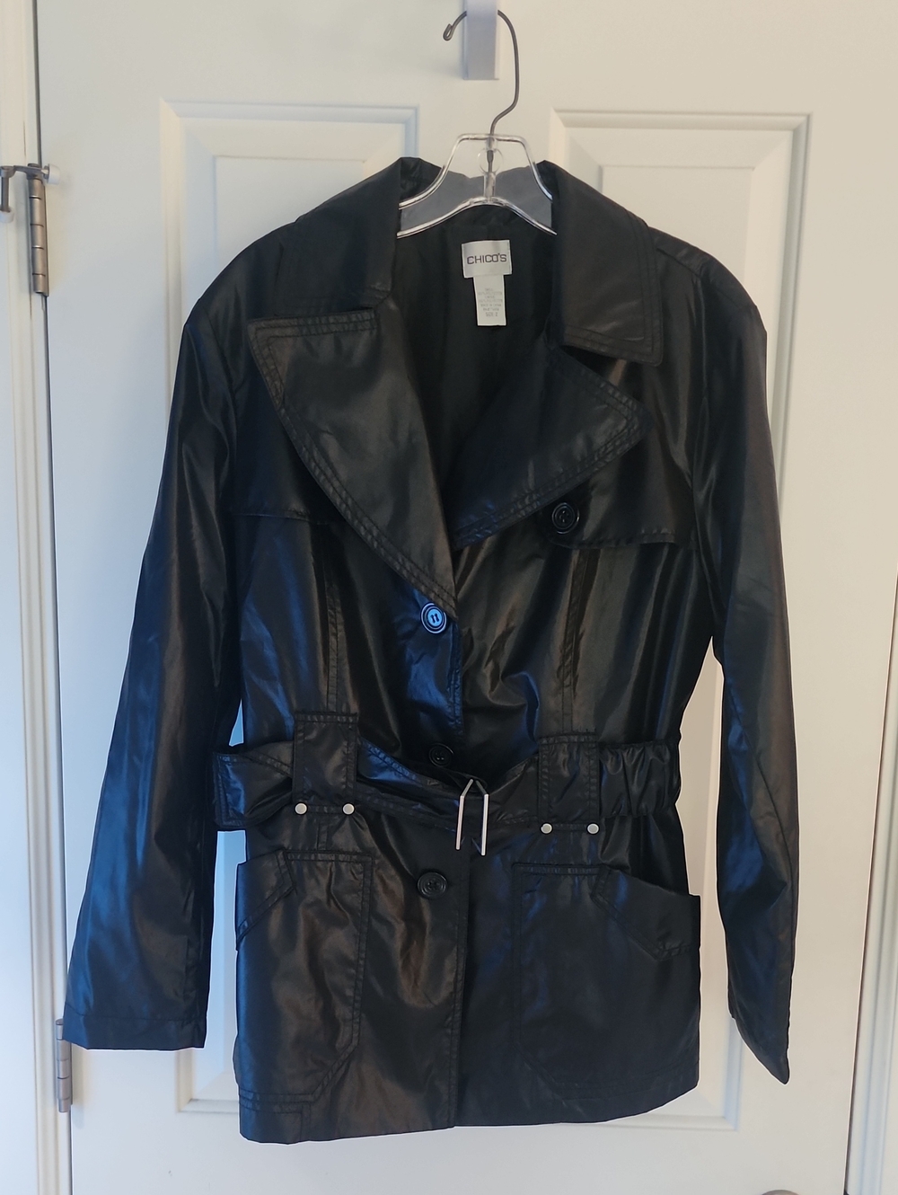 Chico's Black Faux Leather Belted Trench Jacket